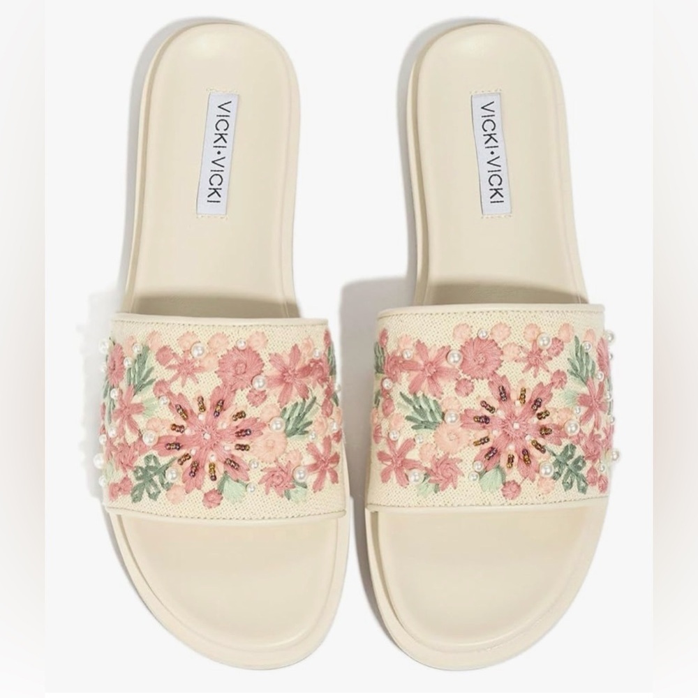 Vicki Vicki (Amazon Drop) Floral Embellished Slide Sandals - Cream and Pink, 9